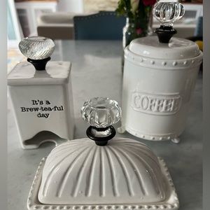 Mud pie kitchen accessories for coffee, tea, and butter.